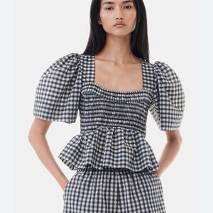 Ganni Gingham Puff Sleeve Top